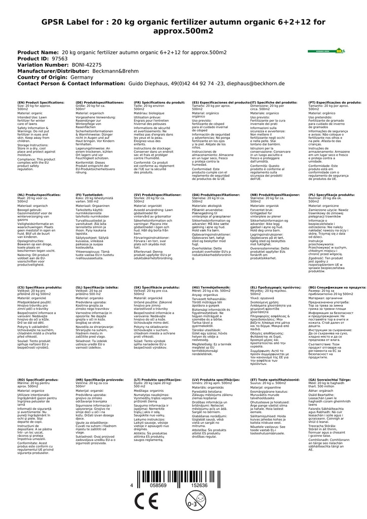 20 kg Bio-Muruväetis Sügis orgaaniline 6+2+12 umbes. 500m² jaoks-1