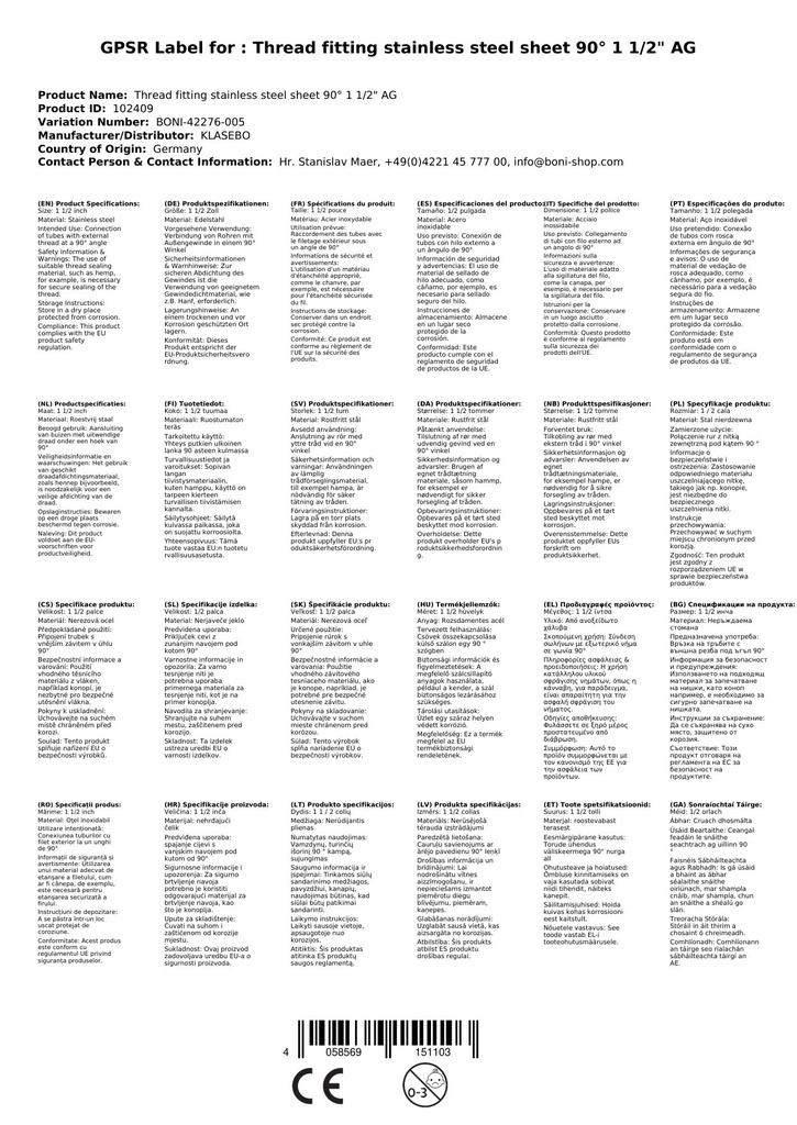 Keermestatud liitmik roostevaba teras 90° 1 1/2" AG-0