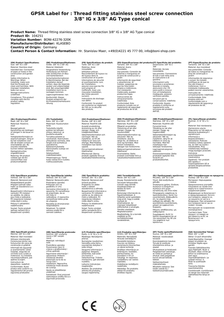 Keermestatud liitmik roostevaba terasest ühendus 3/8" IG x 3/8" AG tüüp kooniline-0