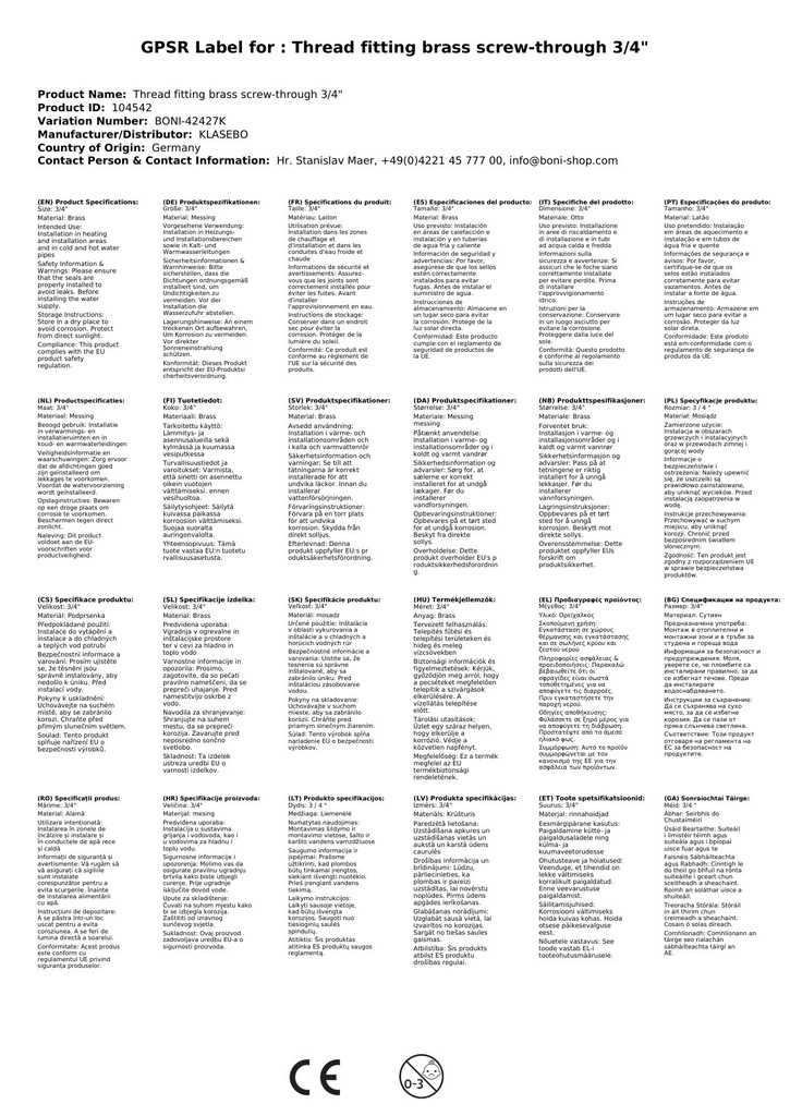 Keermestatud messingist läbiviik 3/4" AG-0