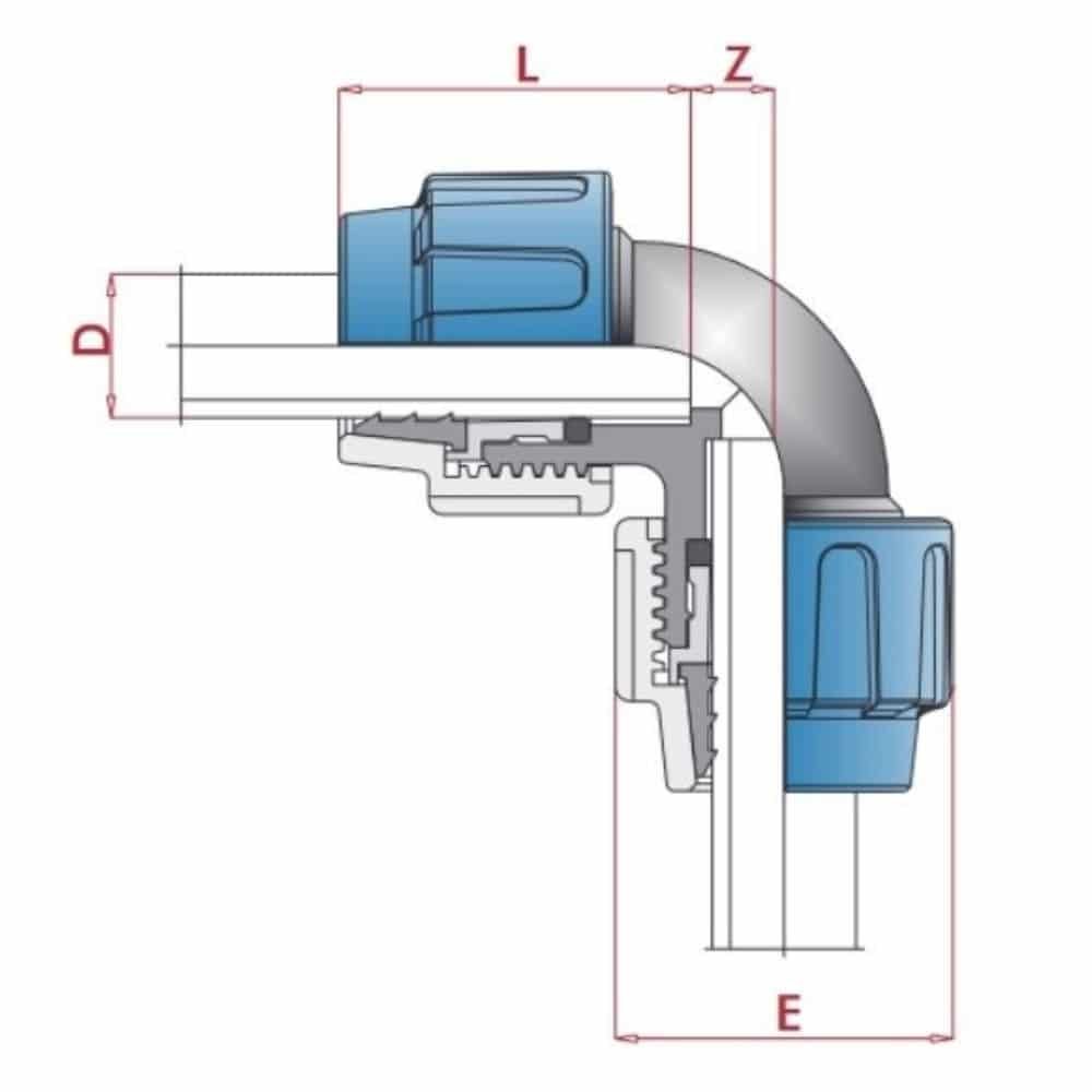 PP PE toruühendus 90° nurk 2 ühendust 25 x 25-0