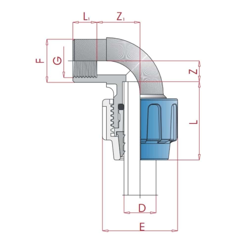 PP PE toruühendus 90° nurk 20 x 1/2" IG-0