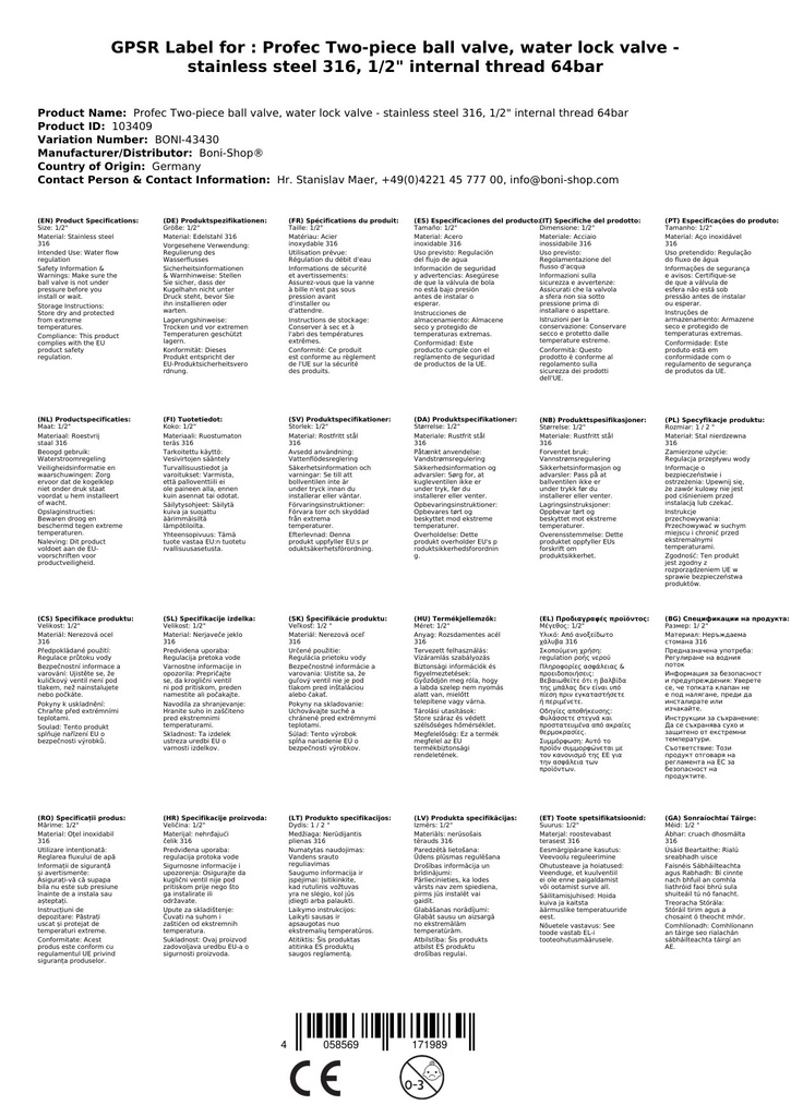 Profec kaheosalise kuulkraan, vee sulgkraan - roostevaba teras 316, 1/2" sisekeere 64bar-0