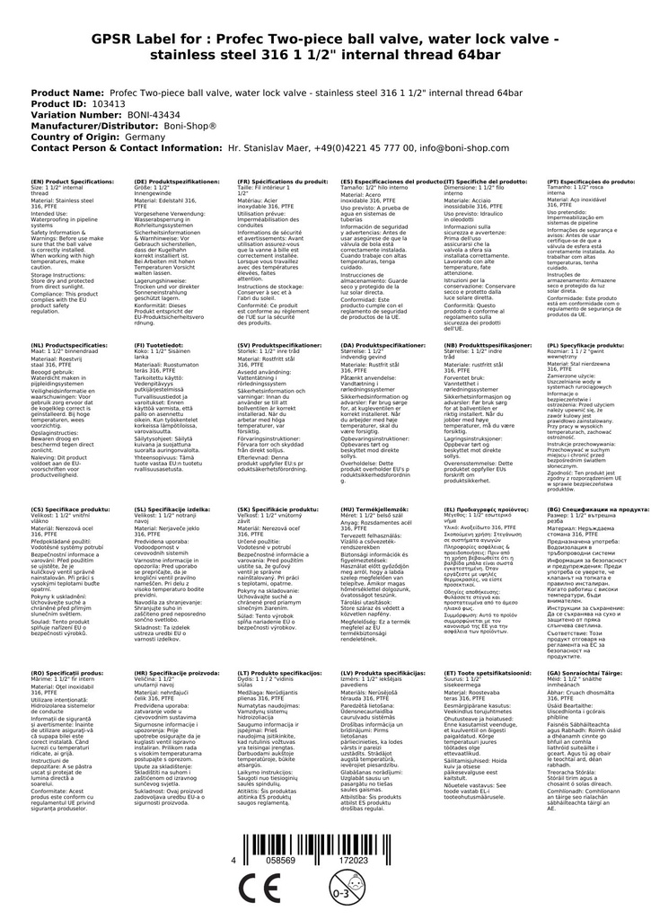 Profec kahetükiline kuulventiil, veesulgventiil - roostevaba teras 316 1 1/2" sisekeere 64 bar-0