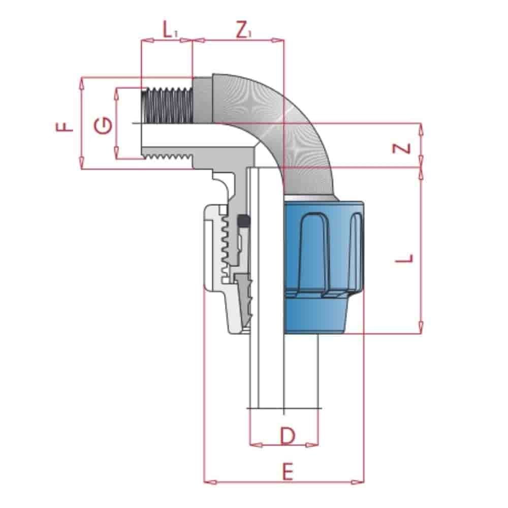 PP PE toru ühendus 90° nurk 40 x 1 1/2" AG-0