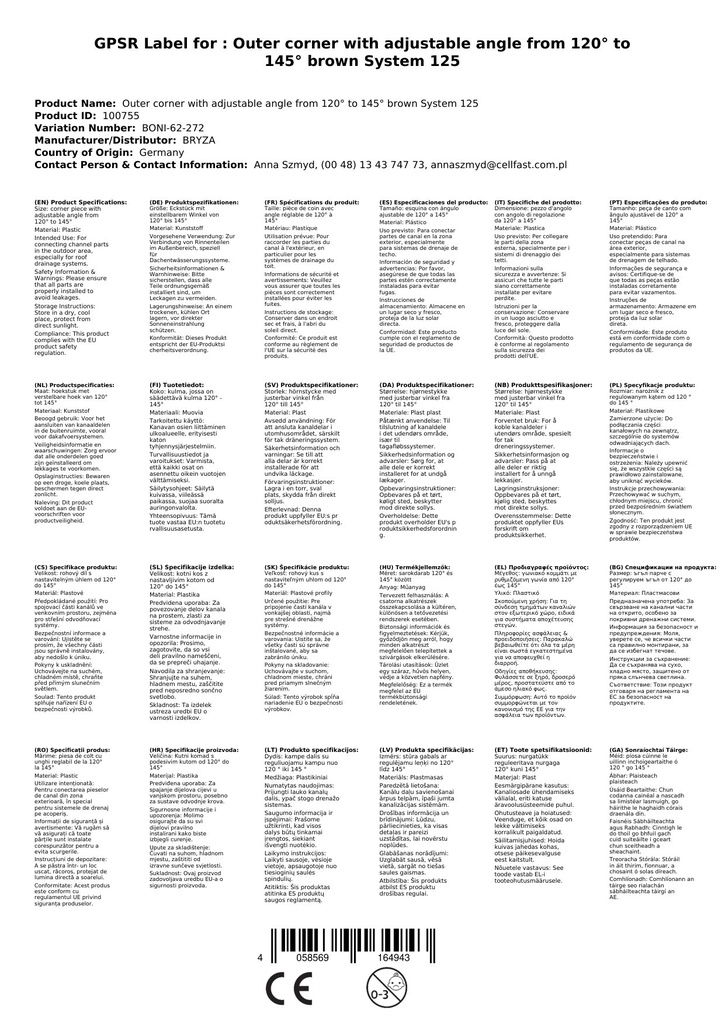 Välisnurk reguleeritava nurga all 120° kuni 145° pruun süsteem 125-0