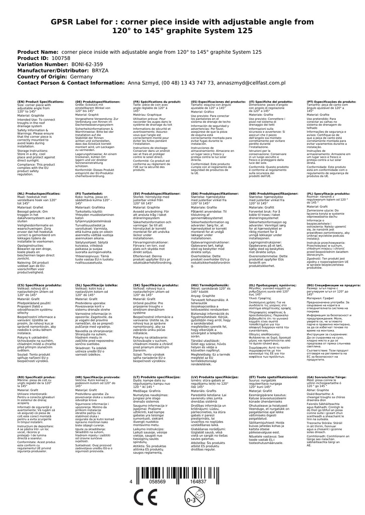 Sisenurk reguleeritava nurgaga 120° kuni 145° grafiit Süsteem 125-0