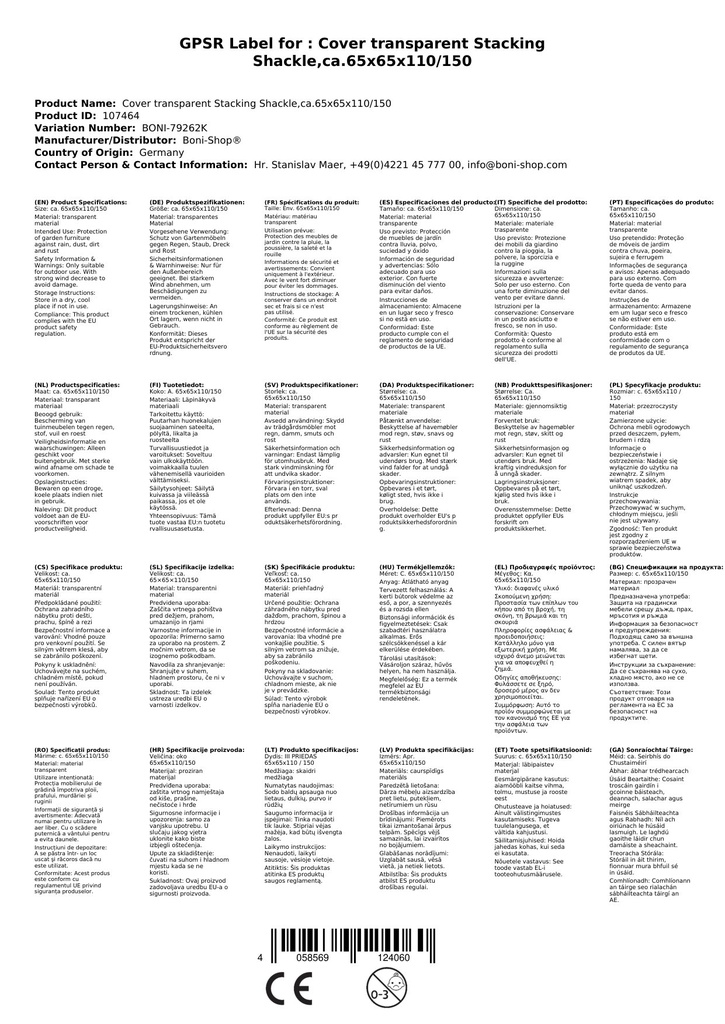 Kaitsekate läbipaistev virnastatav tool, u.65x65x110/150-1