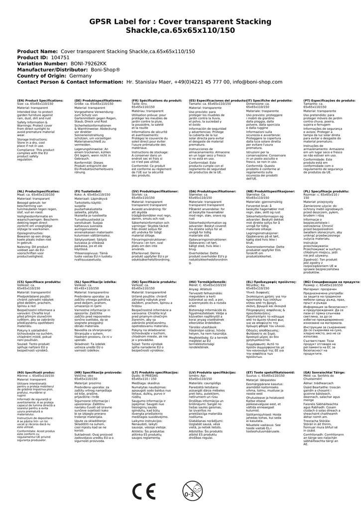 Läbipaistev kaitsekate virnastatavatele toolidele, u.65x65x110/150-1