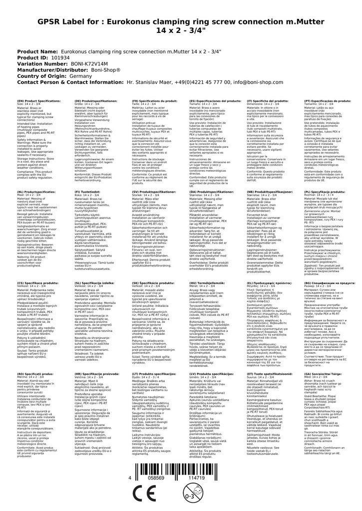 Eurokonus Klemmrõngasliitmik m.Mutter 14 x 2 - 3/4"-2