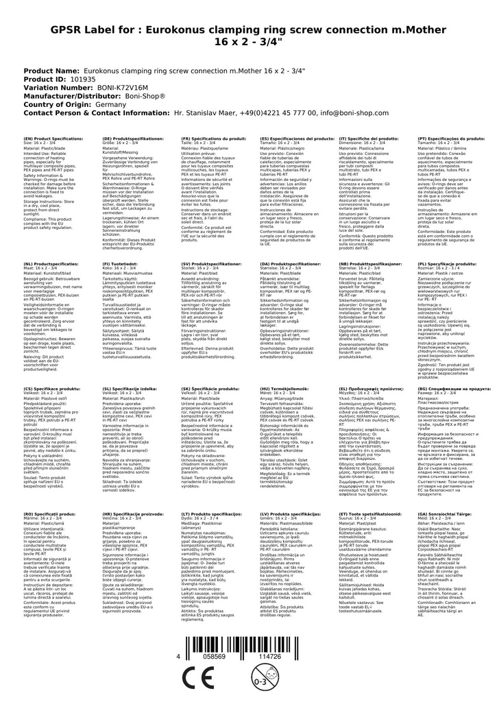 Eurokonus Klemmrõngasliitmik m.Mutter 16 x 2 - 3/4"-2