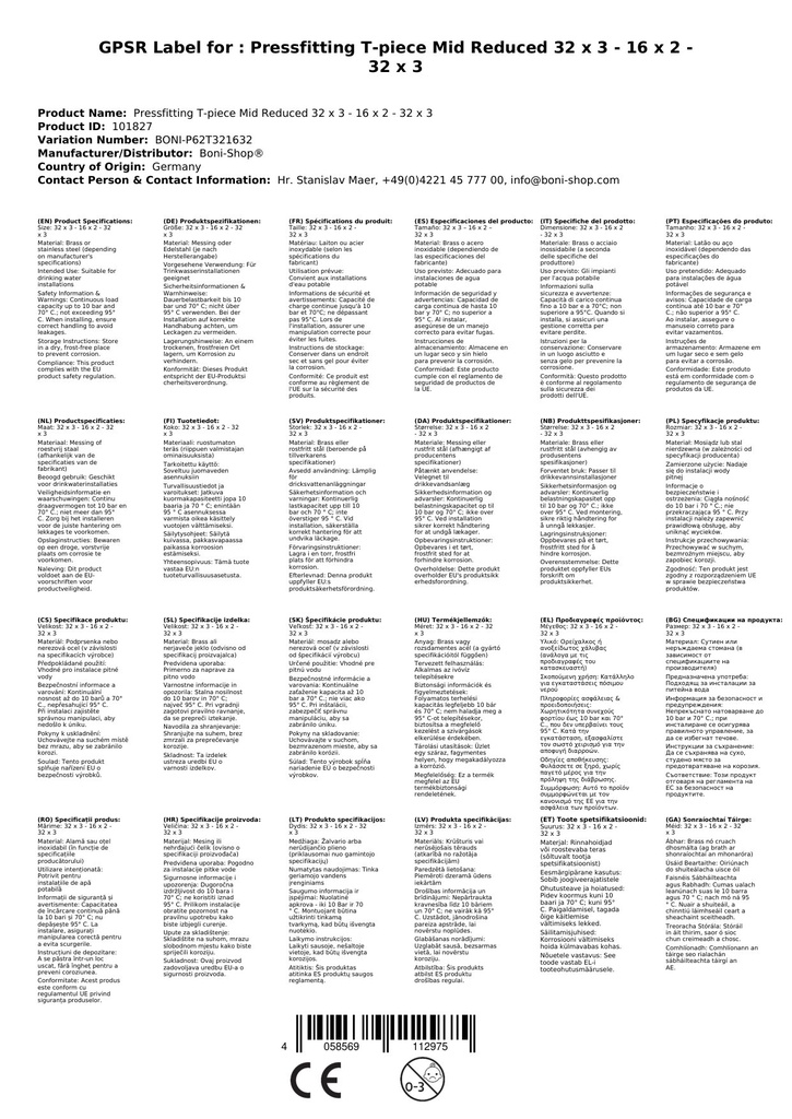 Pressliitmik T-kapp keskel vähendatud 32 x 3 - 16 x 2 - 32 x 3-3