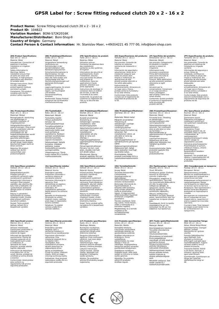 Keermestatud liitmik vähendatud ühendus 20 x 2 - 16 x 2-2