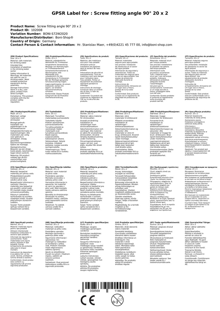 Kruviliitmik Nurk 90° 20 x 2-2