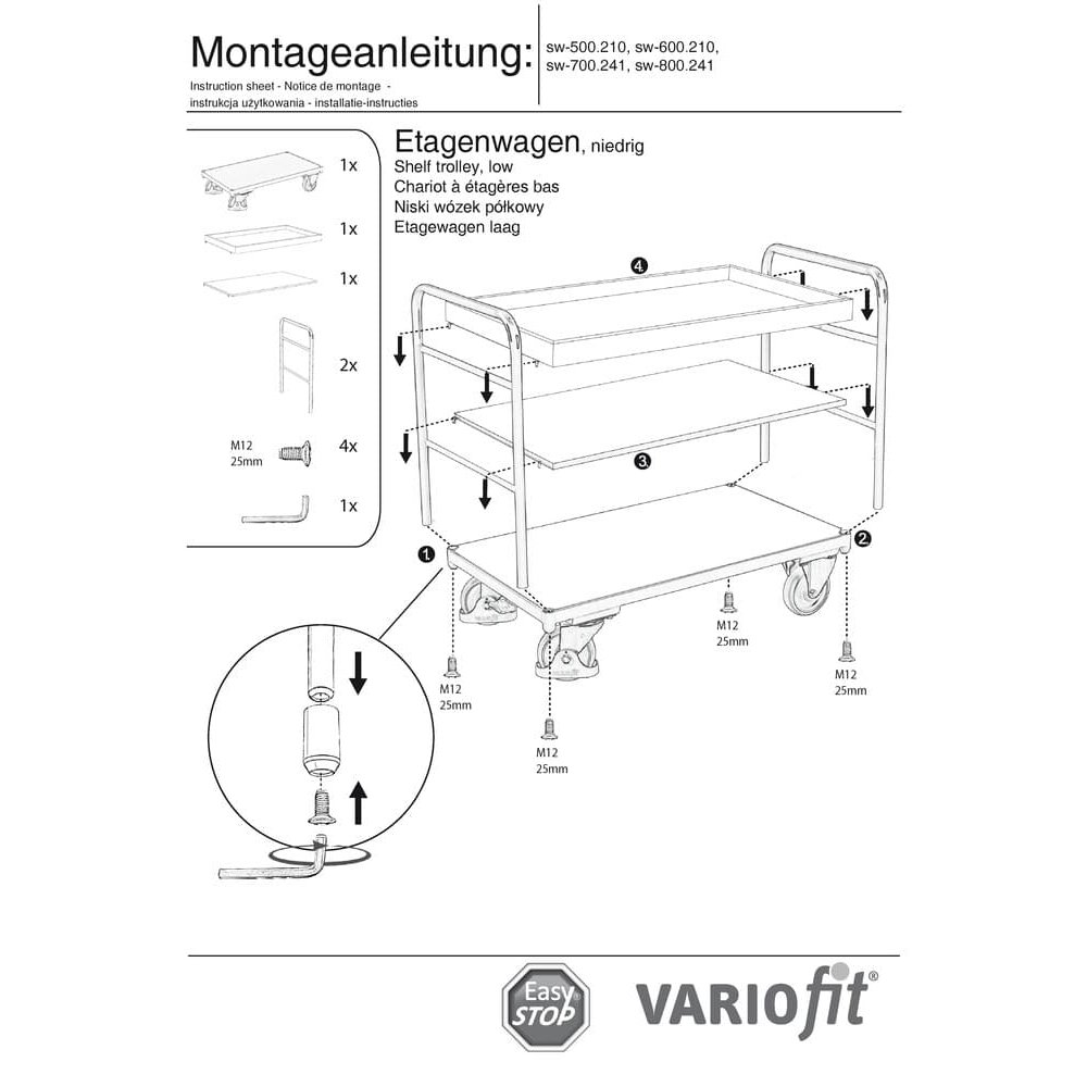 Riiulivanker 1 aluse ja 2 riiuliga, 250 kg tüüp S + EasySTOP-1