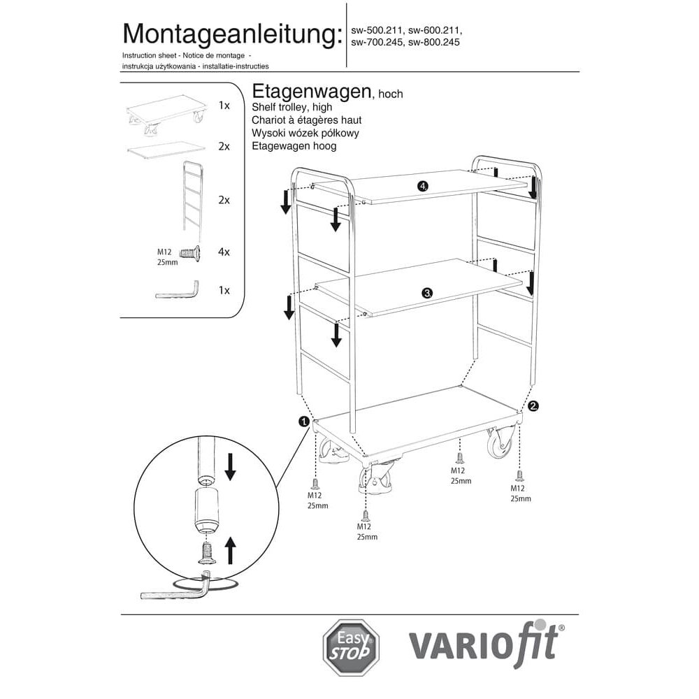 Kõrge vahekäru 3 riiuliga 250 kg tüüp S + EasySTOP-1