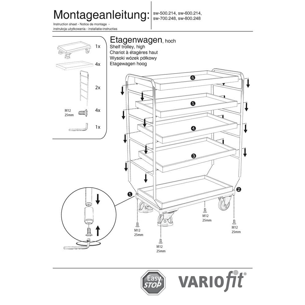 Kõrge riiulikäru 5 alusega 250 kg kandevõime tüüp S + EasySTOP-1