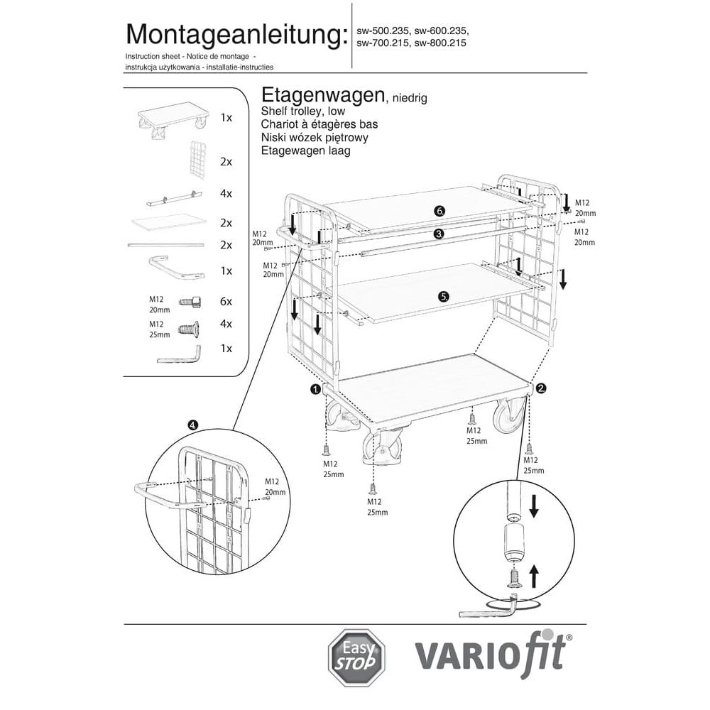 Pakendikäru 2 võre ja 3 riiuliga 400 kg kandevõime tüüp S + EasySTOP-0