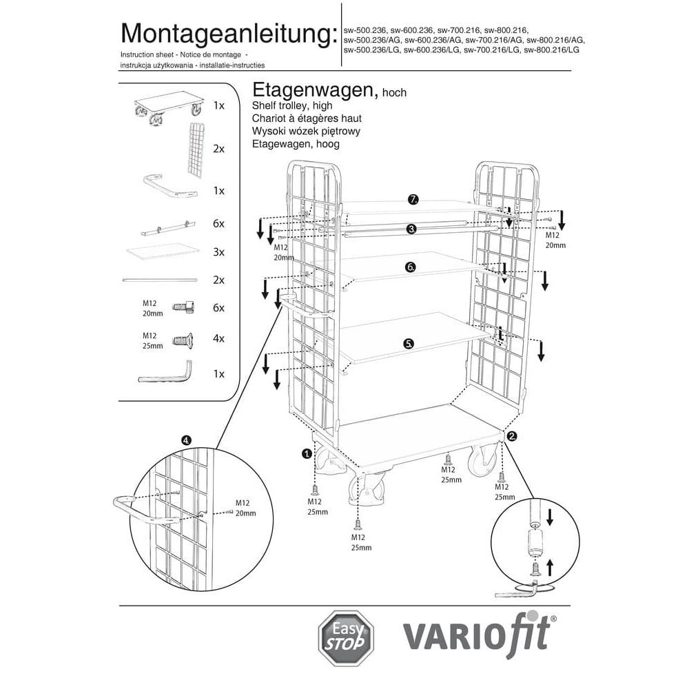 Pakiveoauto kõrge 2 võreseinaga + 4 riiuliga 400 kg kandevõime Tüüp S + EasySTOP-1