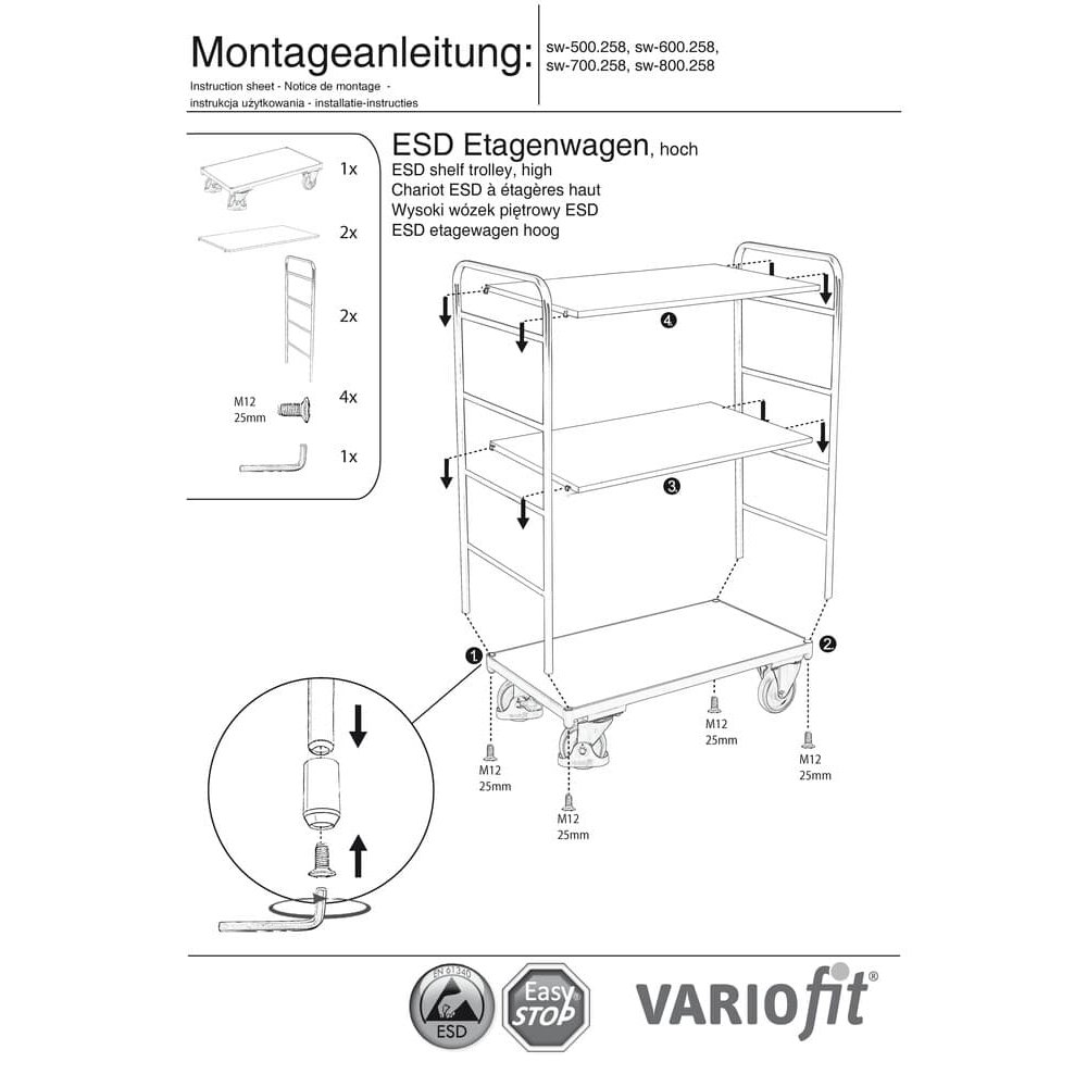 Kõrge ESD riiulvanker kolme riiuliga, tüüp S + EasySTOP-0