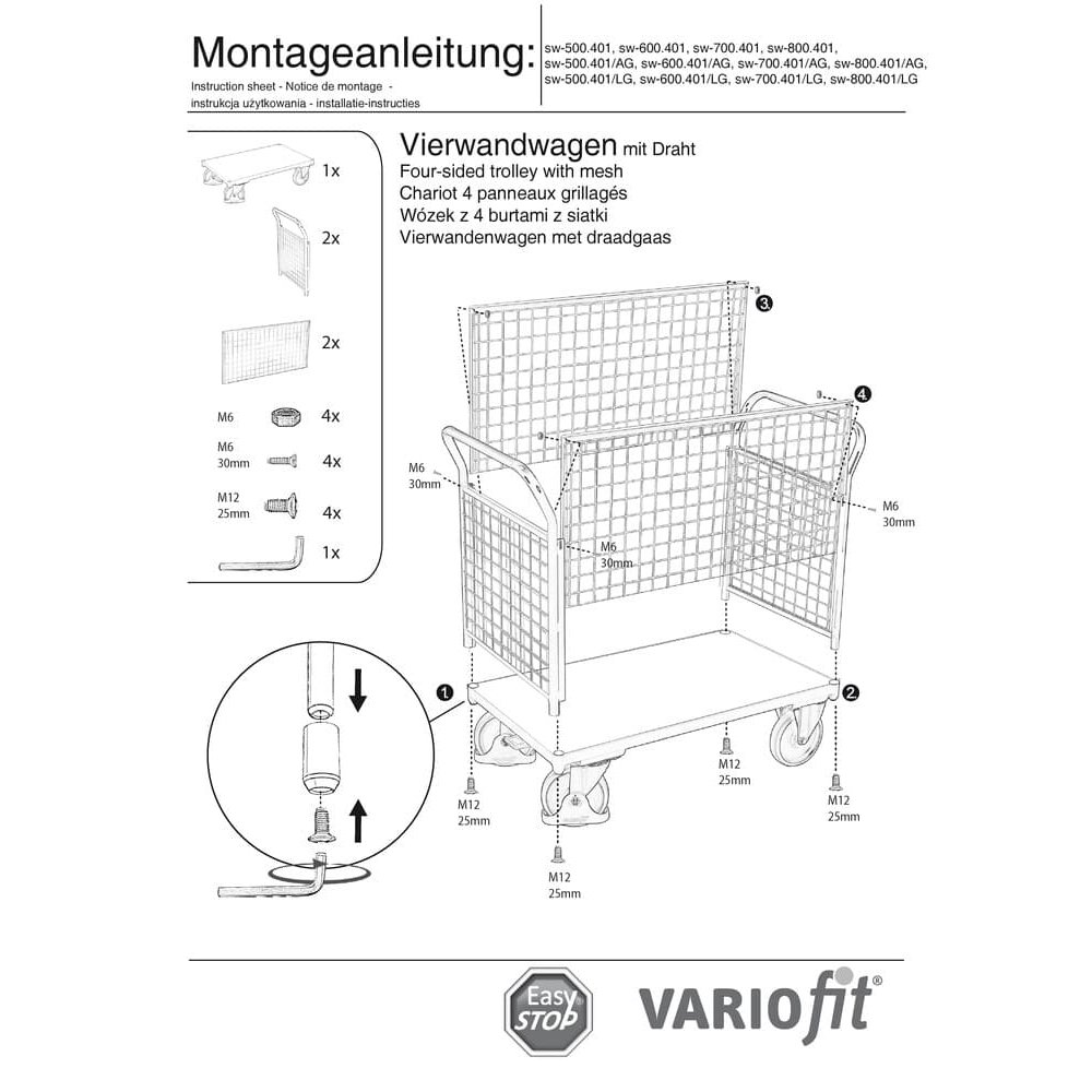 Traatvõre nelja seinaga käru 400 kg tüüp S + EasySTOP-0