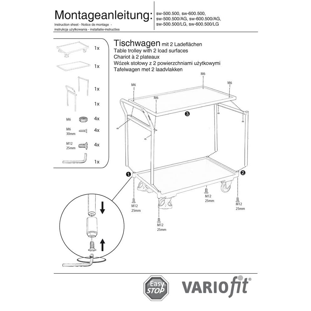 Laudkäru 250 kg kahe laadimisplatvormiga kõrge lükkekäepide Tüüp M + EasySTOP-0