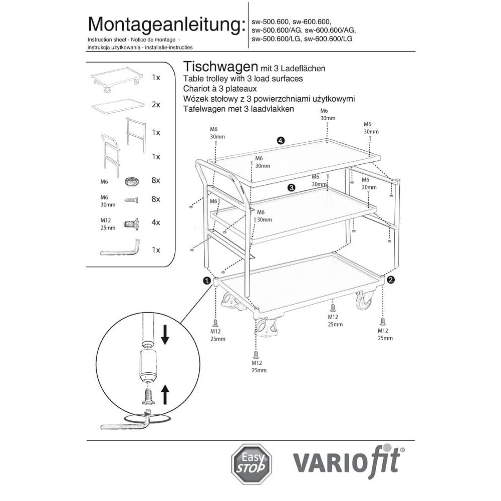 Laudkäru 250 kg kolme laadimisplatvormiga kõrge lükkesang Tüüp M + EasySTOP-0