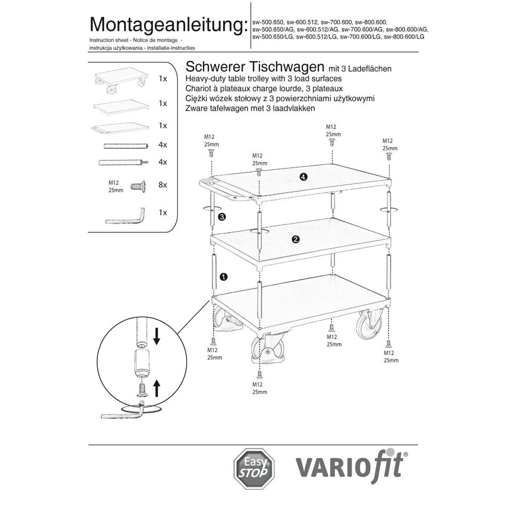 Raske laualvagun 500 kg 3 laadimispinnaga tüüp M + EasySTOP-0