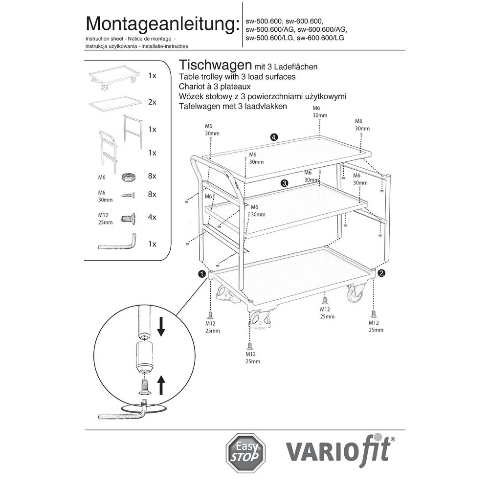 Lauakäru 250 kg 3 laadimisalusega kõrge surumissang Tüüp L + EasySTOP-0