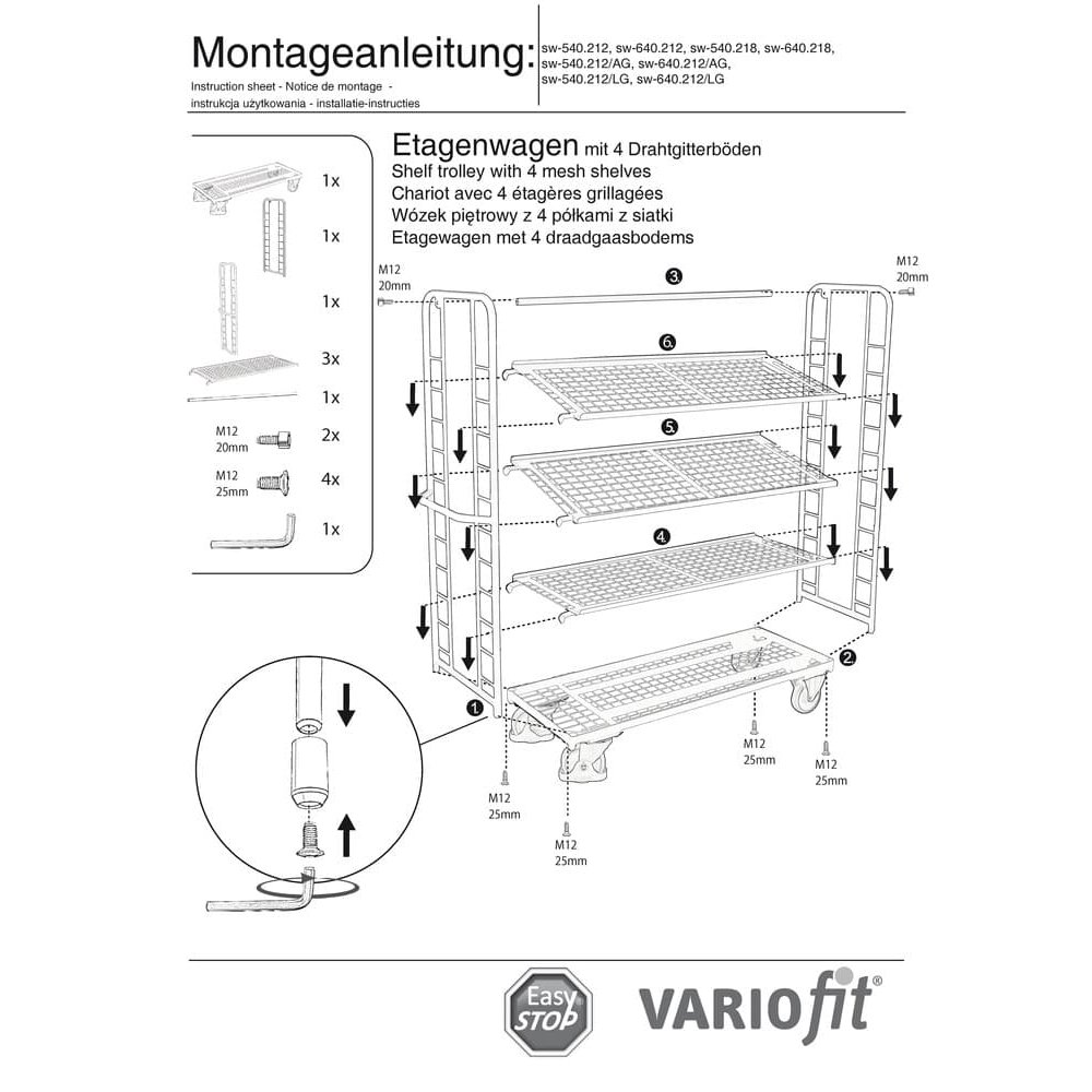 Korrusekäruga koos 4 traadist riiuliga, pulbervärvitud 400 kg tüüp L + EasySTOP-1