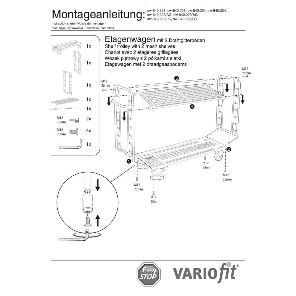 Käru kahe tsingitud traadivõreriiuliga, kandevõime 400 kg, tüüp L + EasySTOP-0