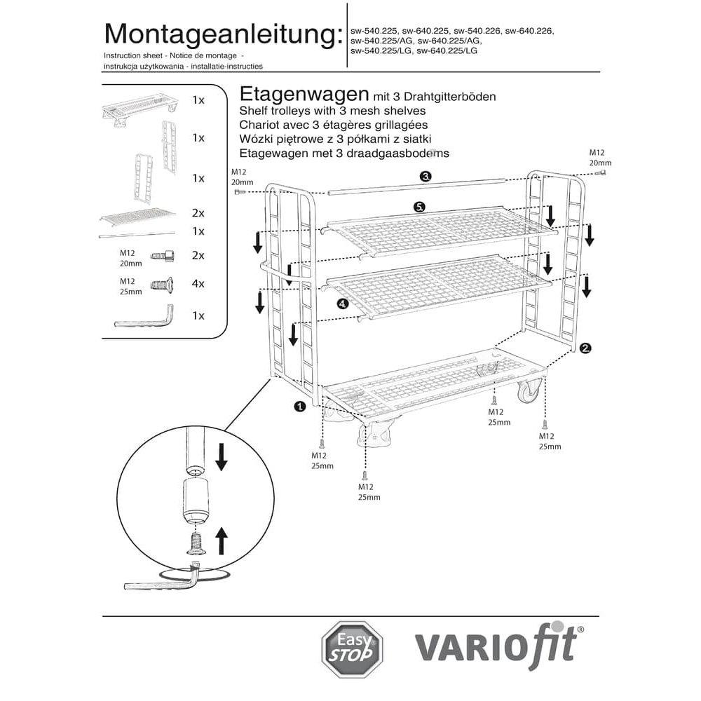 Korrusekäru 3 tsingitud traadivõrkkorrusega 400 kg kandevõime tüüp L + EasySTOP-0