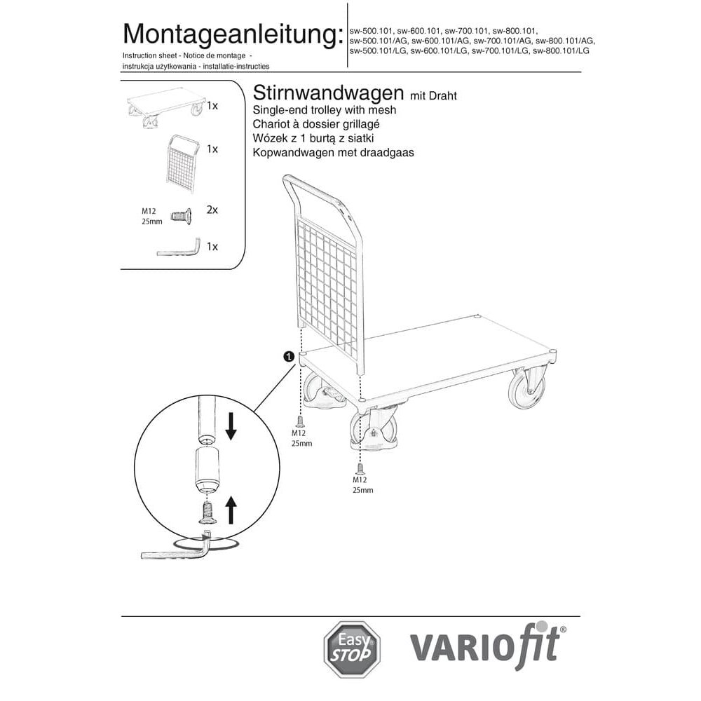 Traatvõrega otsaseinaga käru 500 kg tüüp L + EasySTOP-0