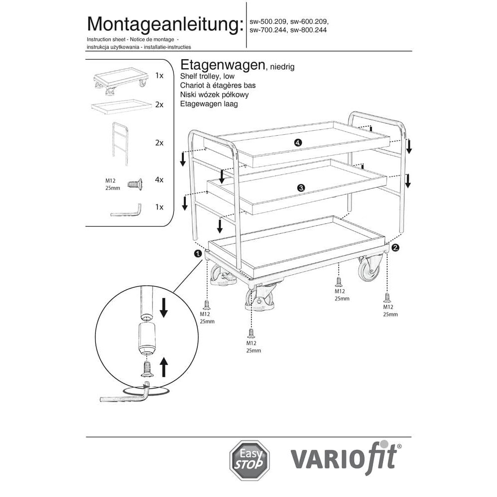 Riiulikäru 3 aluse ja 250 kg kandevõimega tüüp L + EasySTOP-0