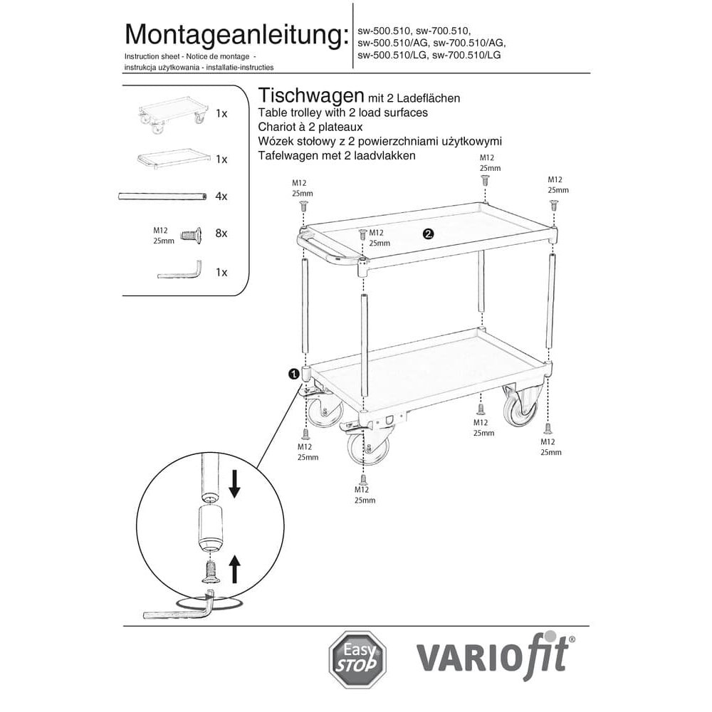 Suur laudkäru 2 tasapinnaga, vanniserv 40 mm kõrge + EasySTOP-1