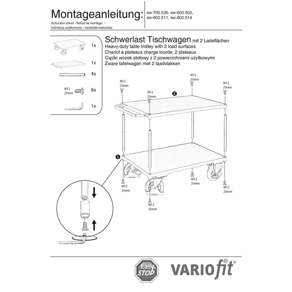 Raske laudkäru 1000 kg 2 laadimisplatvormiga Tüüp S + EasySTOP-0