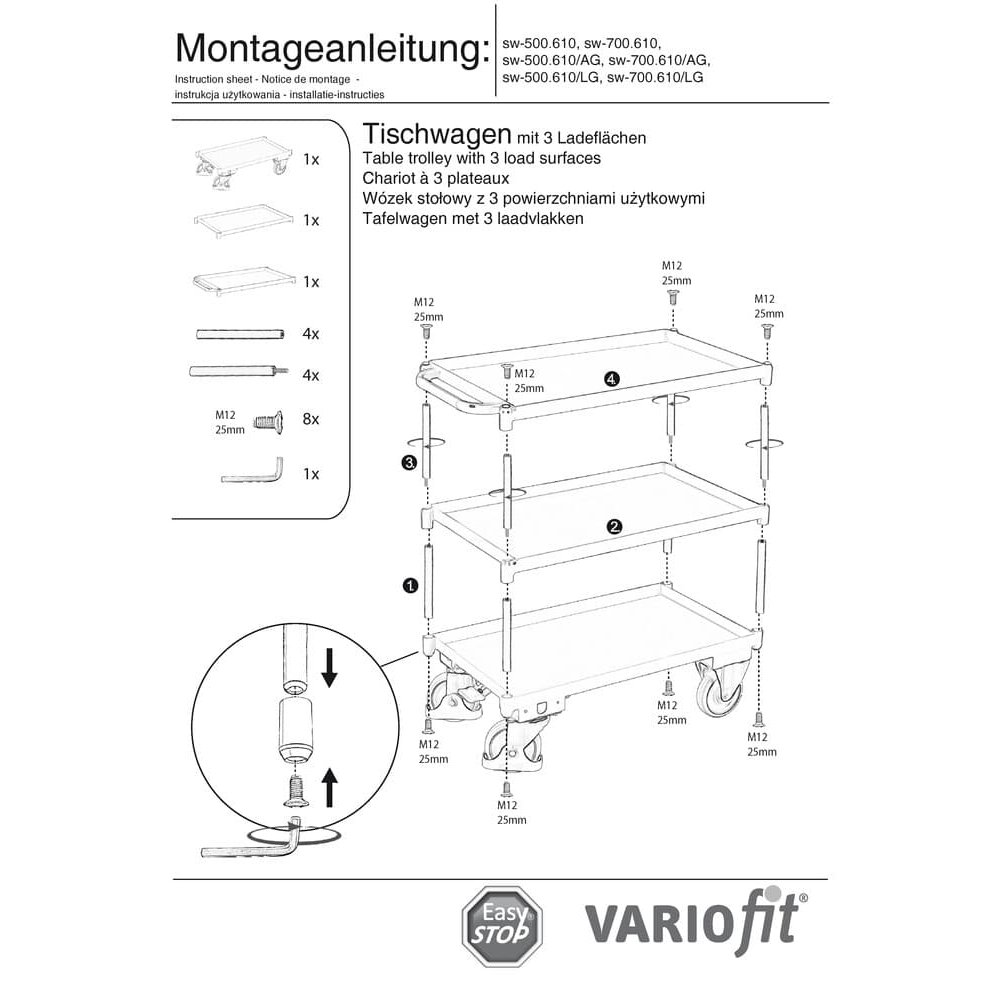 Suur laudkäru 3 tasapindu, vanniäär 40 mm kõrge + EasySTOP-1