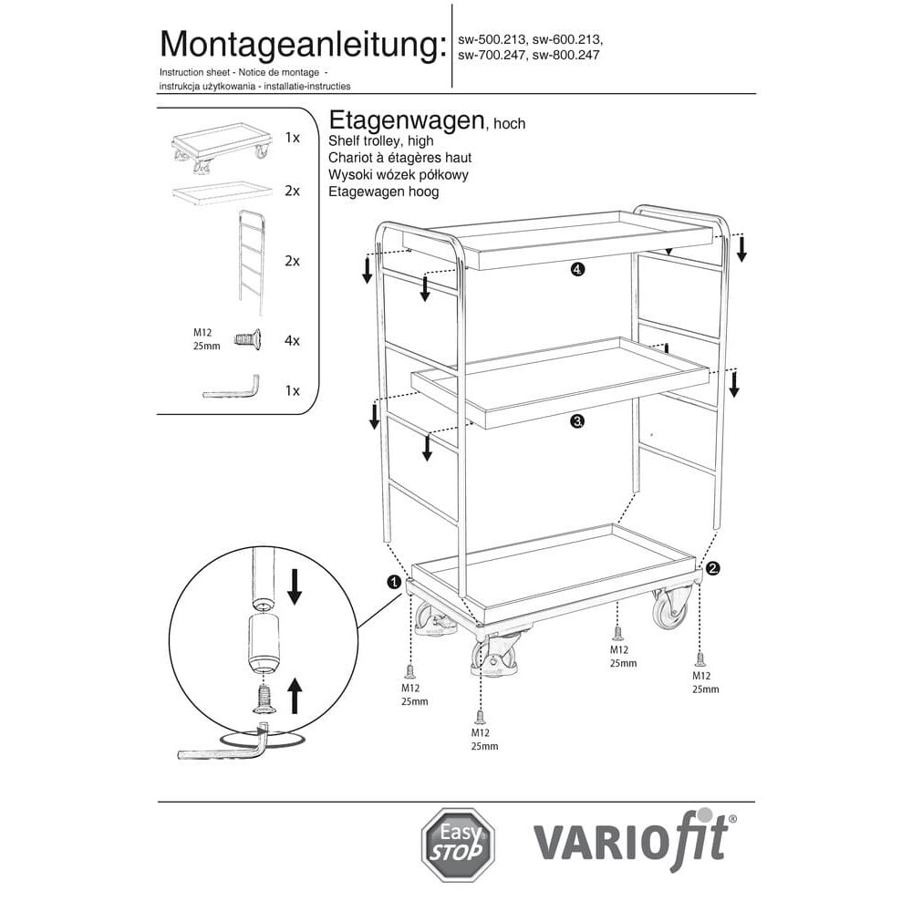 Korrusekäru kõrge 3 kandikut 250 kg kandevõime tüüp XL + EasySTOP-2