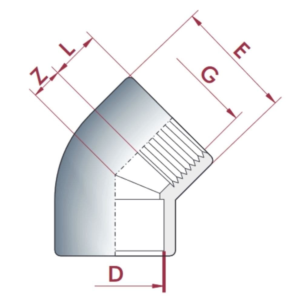 PVC-U 45°Põlv Pesa x IG 20 mm x 1/2"PN10-0