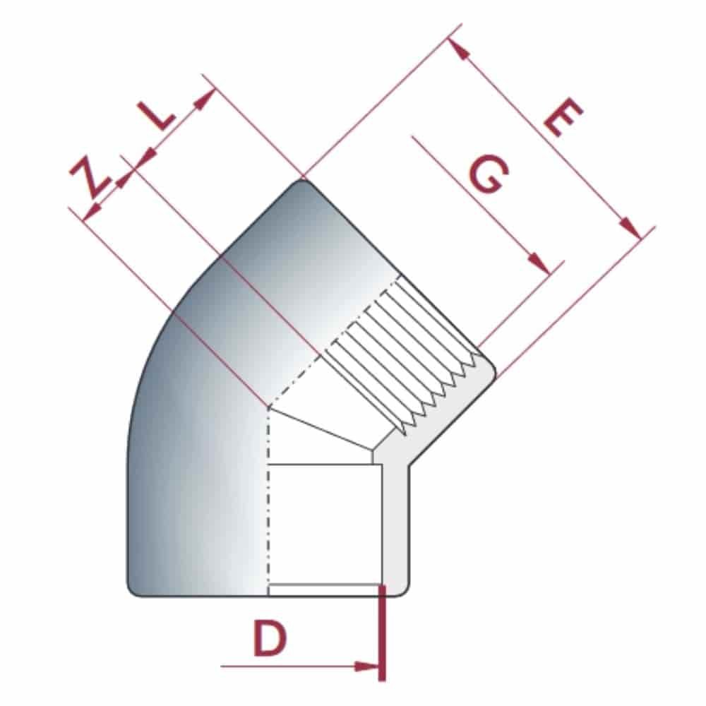 PVC - U 45° Winkel Muffe x IG 40 mm x 1 1/4" PN10-0