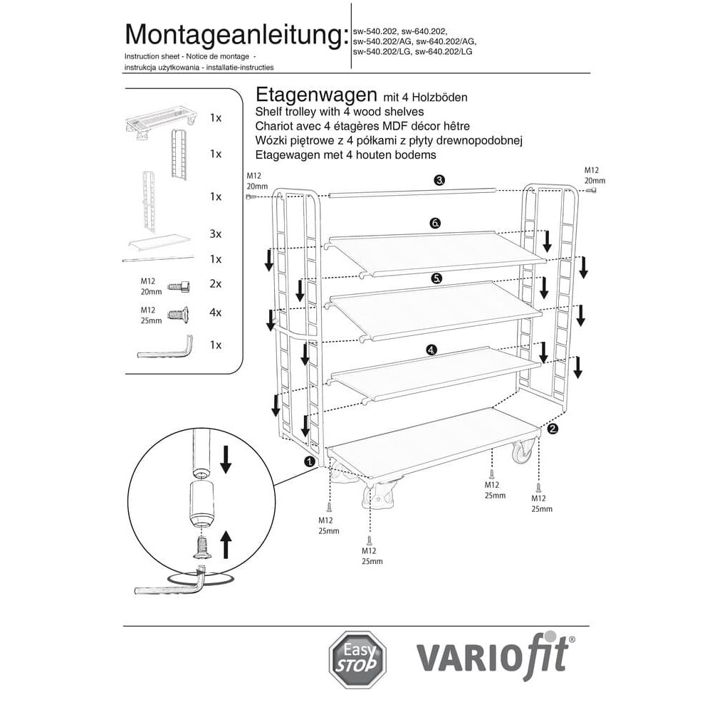 Korrusekäru 4 riiuliga 250 kg kandevõimega tüüp M + EasySTOP-0