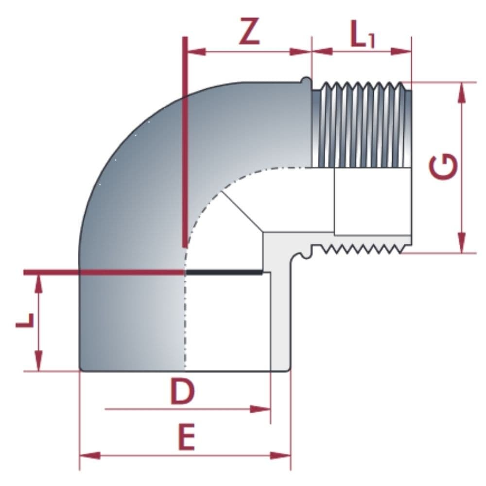 PVC-U 90° Põlveühendus Muffe x AG 63 mm x 2" PN10-0