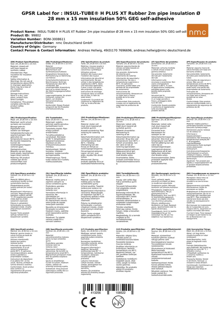 INSUL-TUBE® H PLUS XT Kautschuk 2m toruisolatsioon Ø 28 mm x 15 mm isolatsioon 50% GEG isekleepuv-0