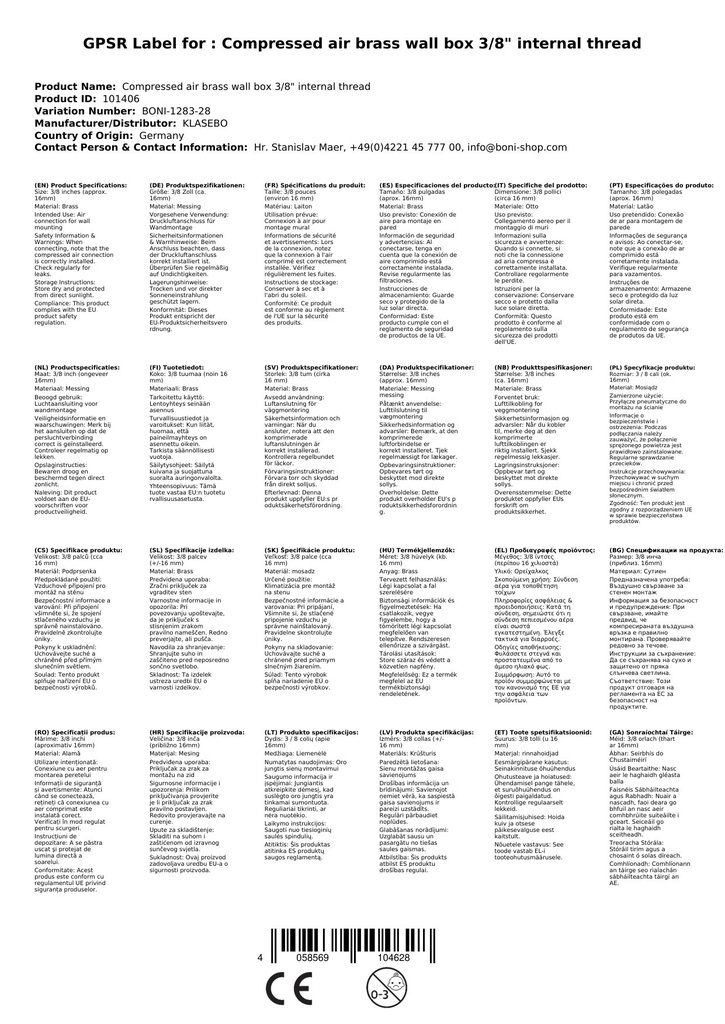 Surveõhu messingist seinakarp 3/8" sisekeere-0