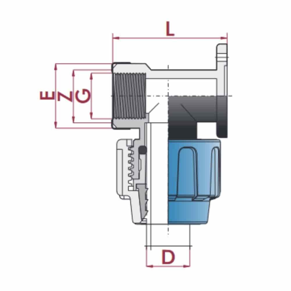 PP PE toru liitmik 90° tugevdatud seinale kinnitamine 25 x 3/4" IG-0