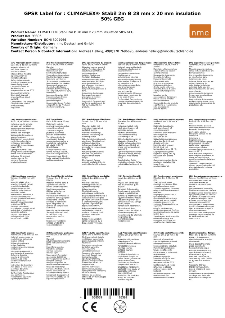CLIMAFLEX® Stabil 2m Ø 28 mm x 20 mm Isolatsioon 50% GEG-1