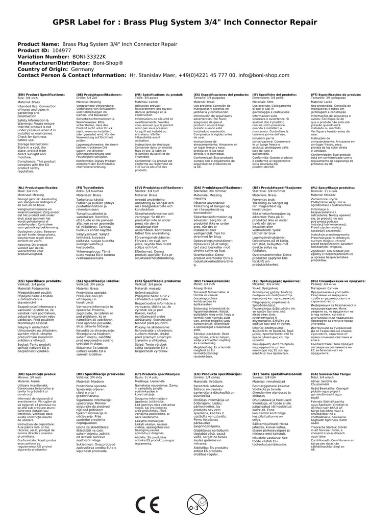 Messingist pistiksüsteem 3/4" tolli ühendus remonditükk-0