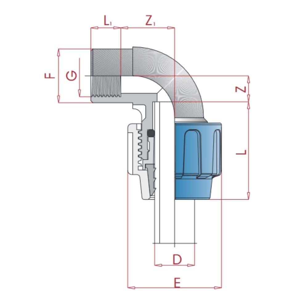 PP PE toruühendus 90° nurk 40 x 3/4" IG-0