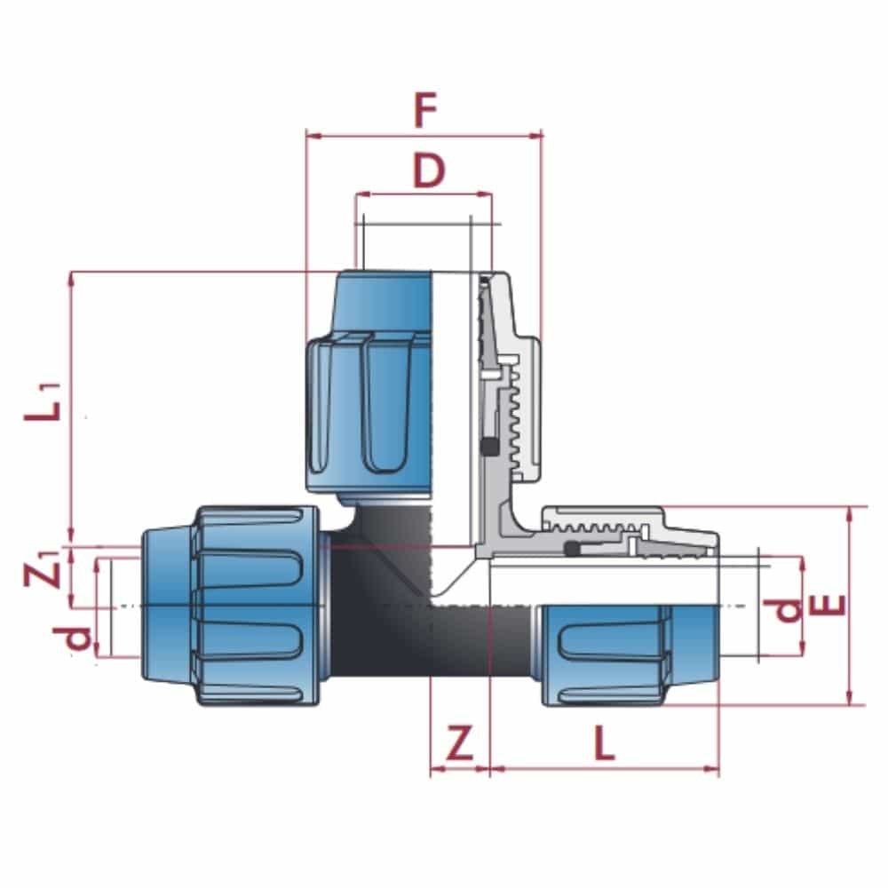 PP PE toruühendus T-kapp laiendatud 20 x 25 x 20-0